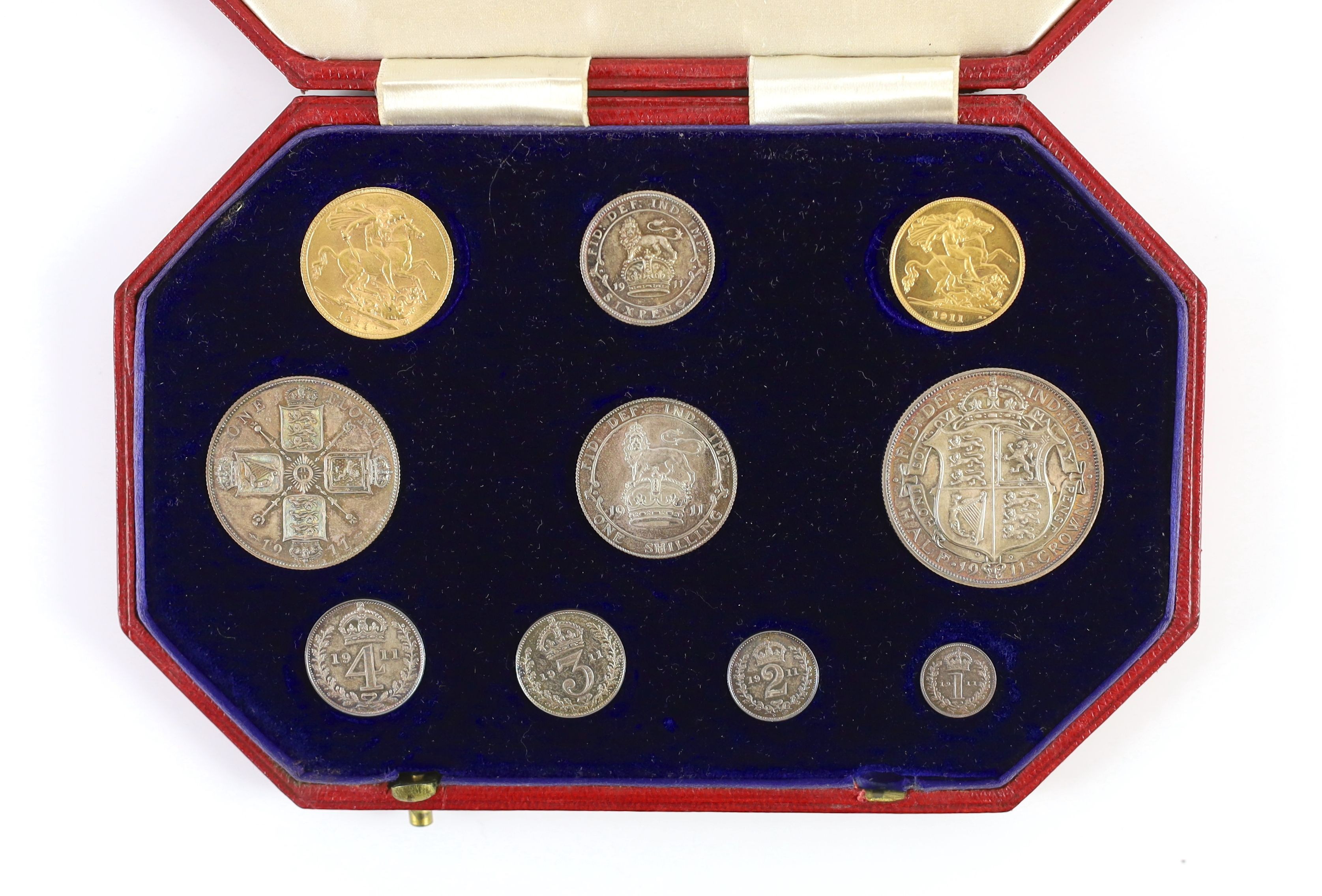 UK coins, a cased George V 1911 coronation gold and silver proof ten coin set